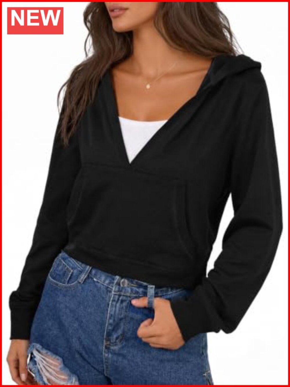 Women's Cropped Hoodie V Neck Long Sleeve Pullover Sweatshirt
